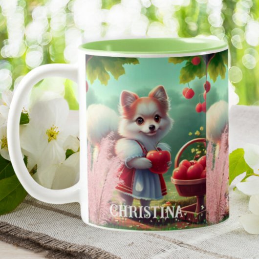 Leuke puppy hond met appels gepersonaliseerde naam tweekleurige koffiemok