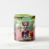 Leuke puppy hond met appels gepersonaliseerde naam tweekleurige koffiemok (Center)