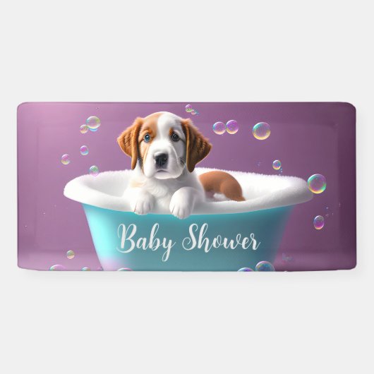 Leuke puppy in bad met bubbels, baby shower spandoek (Horizontaal)