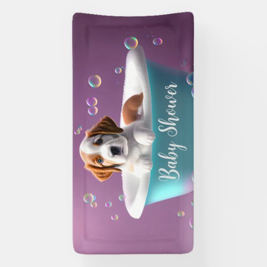 Leuke puppy in bad met bubbels, baby shower spandoek (Verticaal)