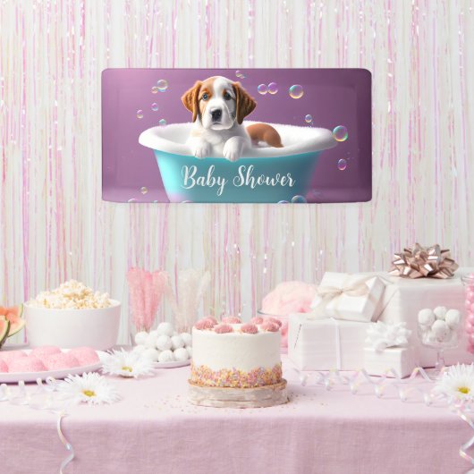Leuke puppy in bad met bubbels, baby shower spandoek (Feest)