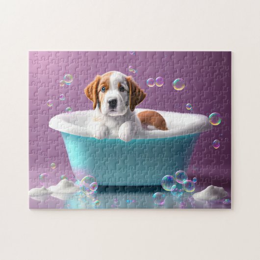 Leuke puppy in een badkuip met bubbels, kinder legpuzzel (Horizontaal)