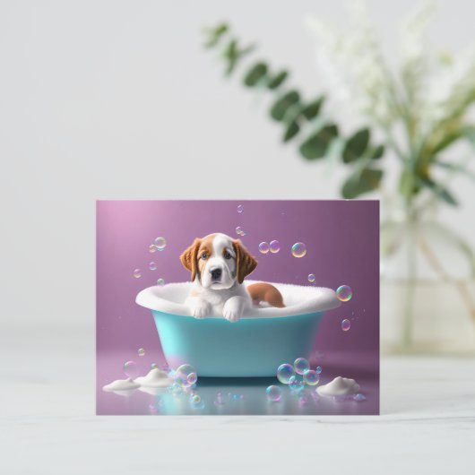 Leuke puppy in een badkuip met zeepbellen briefkaart (Staand voorkant)