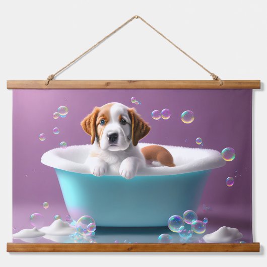 Leuke puppy in een badkuip met zeepbellen hangend wandkleed (Voorkant)