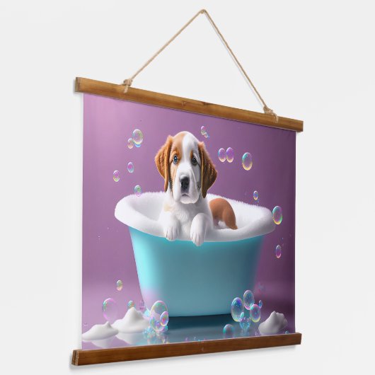 Leuke puppy in een badkuip met zeepbellen hangend wandkleed (Gebogen)