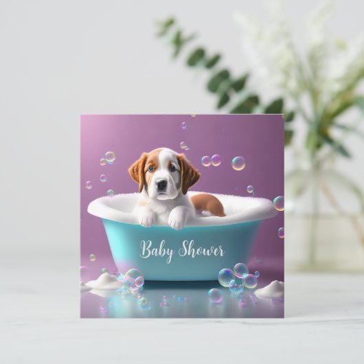 Leuke puppy in een badkuip met zeepbellen kaart (Staand voorkant)