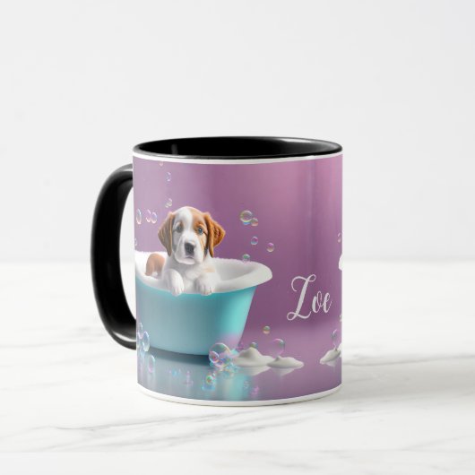 Leuke puppy in een badkuip met zeepbellen mok (Voorkant links)