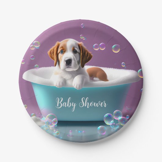 Leuke puppy in een badkuip met zeepbellen papieren bordje (Voorkant)