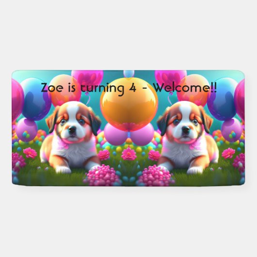 Leuke puppy met ballonnen - lieve Kids Verjaardag Spandoek (Horizontaal)