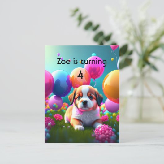 Leuke puppy met ballonnen - lieve Kids Verjaardag Uitnodiging Briefkaart (Staand voorkant)