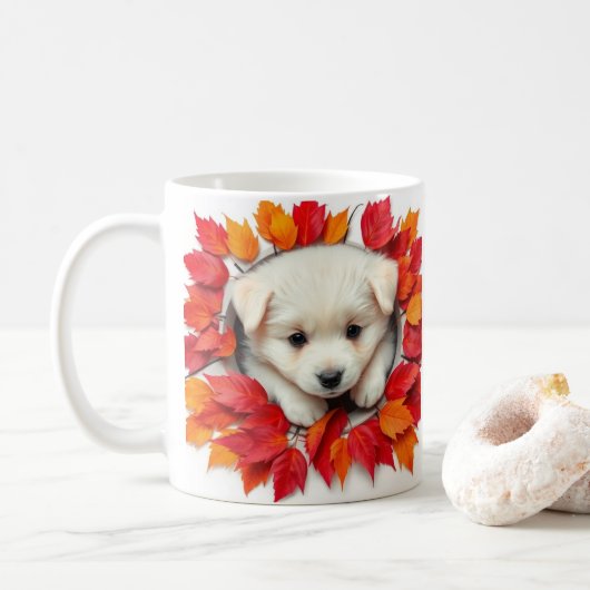 Leuke puppy met herfstbladeren, mok wrap design (Met donut)