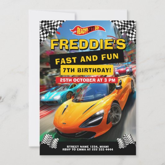 Leuke race auto verjaardagsfeestje kaart (Voorkant)