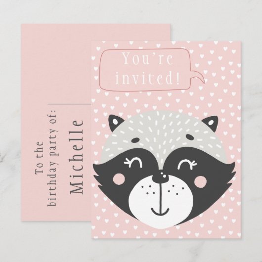 Leuke Racoon Kids Verjaardagsuitnodiging Briefkaar Uitnodiging Briefkaart (Voorkant / Achterkant)