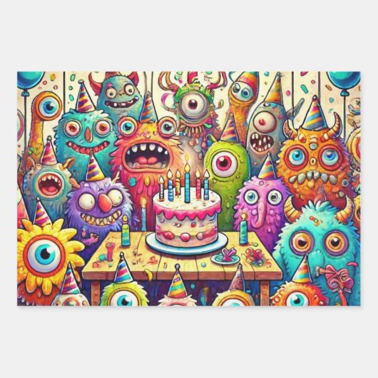 Leuke rare wezens op een verjaardagsfeestje inpakpapier vel (Voorkant 3)