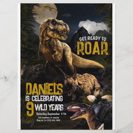 Leuke realistische dinosaurus verjaardags wilde ui flyer (Voorkant)