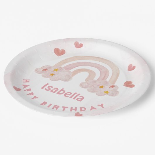 Leuke regenboog aangepaste naam Happy Birthday Papieren Bordje (Gekanteld)