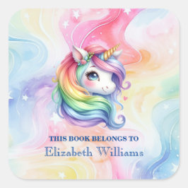 Leuke Regenboog Eenhoorn Aangepaste Naam Boekplaat Vierkante Sticker