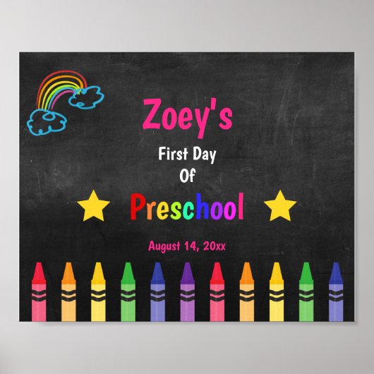 Leuke regenboog eerste dag van kleuterschool krijt poster (Voorkant)