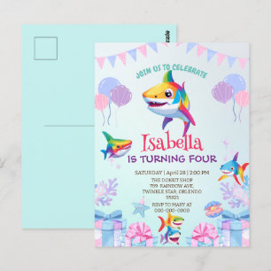 Leuke regenboog haai verjaardag ballon feest Famil Briefkaart