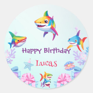 Leuke regenboog haai verjaardag ballon party Famil Ronde Sticker