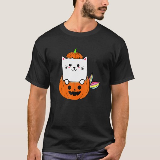 Leuke Regenboog Kat Zeemeermin Halloween Pompoen G T-shirt (Voorkant)