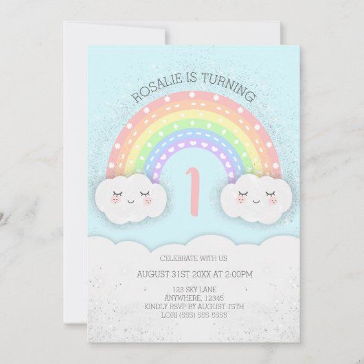 Leuke Regenboog & Wolken Verjaardagsuitnodiging |  Kaart (Voorkant)