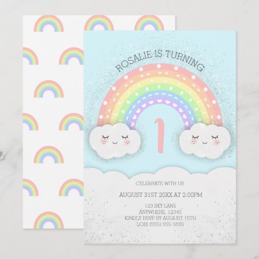 Leuke Regenboog & Wolken Verjaardagsuitnodiging | Kaart (Voorkant / Achterkant)