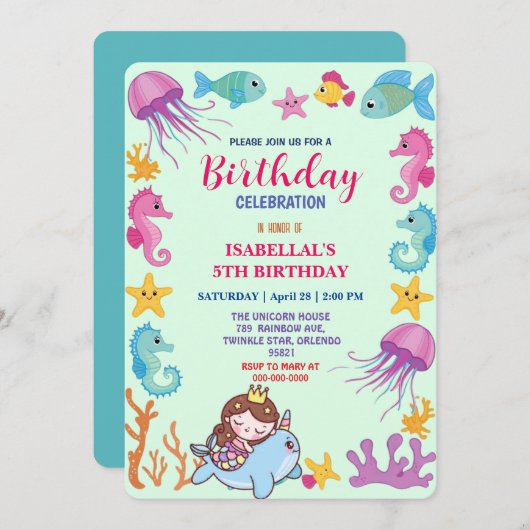 Leuke regenboog zeemeermin narwal vis eenhoorn ver save the date (Voorkant / Achterkant)