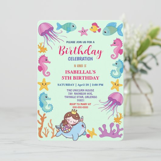 Leuke regenboog zeemeermin narwal vis eenhoorn ver save the date (Staand voorkant)