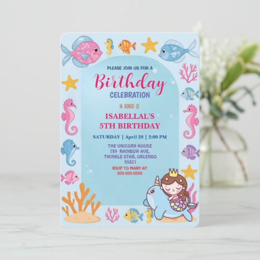 Leuke regenboog zeemeermin narwal vis eenhoorn ver save the date (Staand voorkant)