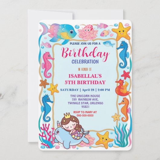 Leuke regenboog zeemeermin narwal vis eenhoorn ver save the date (Voorkant)