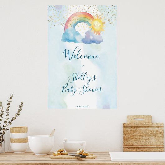 Leuke regenboog zon baby shower welkomstbord poster (Keuken)