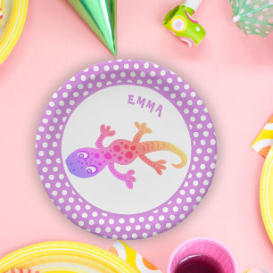Leuke regenbooghagedis gekko met naam Verjaardag Papieren Bordje