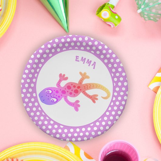 Leuke regenbooghagedis gekko met naam Verjaardag Papieren Bordje