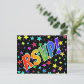 Leuke regenboogletters "RSVP!" + sterrenpatroon Briefkaart (Staand voorkant)