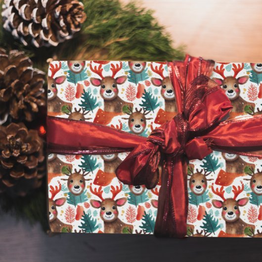 Leuke rendieren rood wit groen kerst Waterverf Cadeaupapier