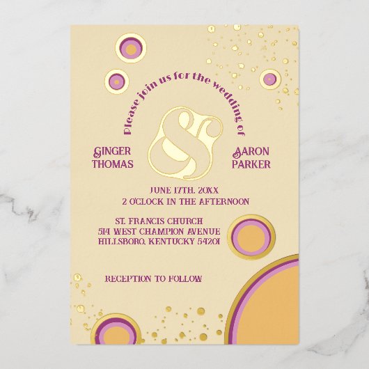 Leuke Retro 70s Groovy Circles Bruiloft Goud Folie Uitnodiging (Voorkant)