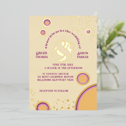 Leuke Retro 70s Groovy Circles Bruiloft Goud Folie Uitnodiging (Staand Voorkant)