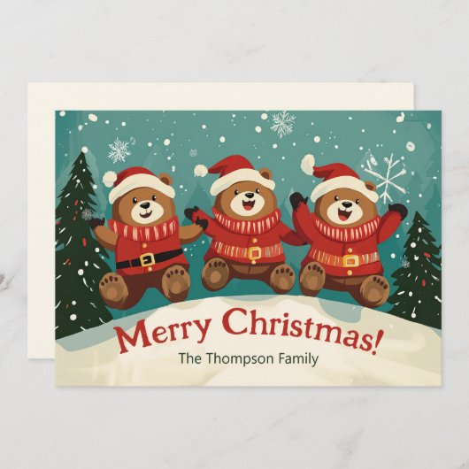 Leuke Retro Beren Kerst Flat Vakantie Kaart (Voorkant / Achterkant)