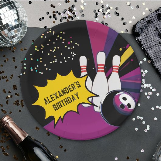 Leuke Retro Bowling Paarse Roze Meisje Verjaardags Papieren Bordje