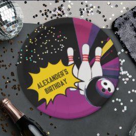 Leuke Retro Bowling Paarse Roze Meisjes Verjaardag Papieren Bordje