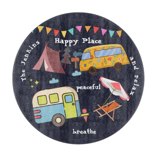 Leuke retro camping snijplank. Bewerkbare formuler Snijplank (Voorkant)