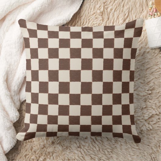 Leuke Retro Checkerboard Patroon Bruine Crème Kussen (Deken)