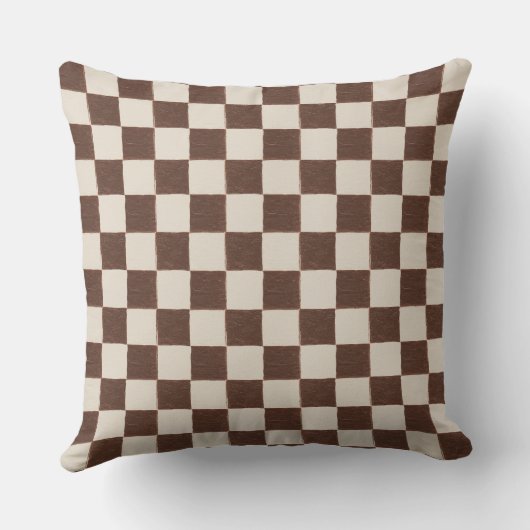 Leuke Retro Checkerboard Patroon Bruine Crème Kussen (Achterkant)