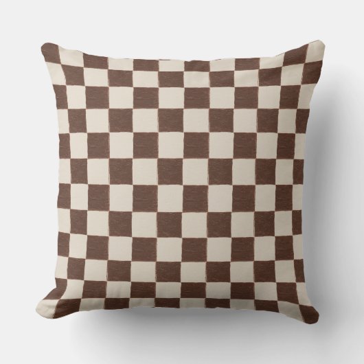 Leuke Retro Checkerboard Patroon Bruine Crème Kussen (Voorkant)