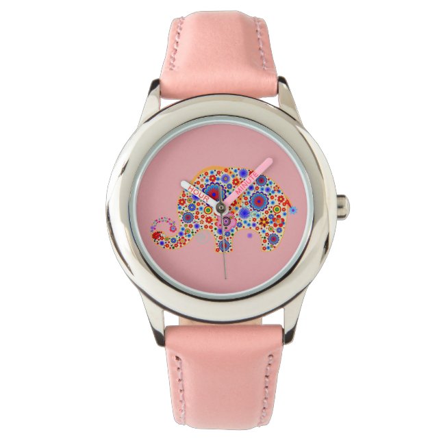 Leuke Retro Flowers Cartoon Stijl Olifant 2 Horloge (Voorkant)