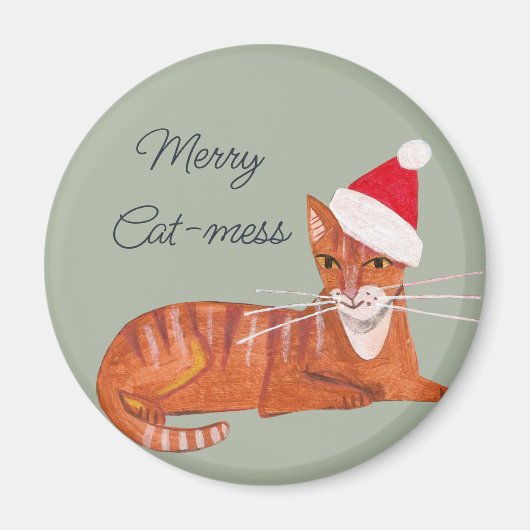 Leuke retro gember kat - mess groene kerst magneet (Voorkant)