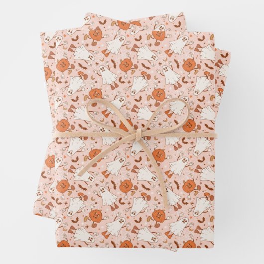 Leuke Retro Ghost & Jack-O-Lantern Patroon Inpakpapier Vel (In situ)