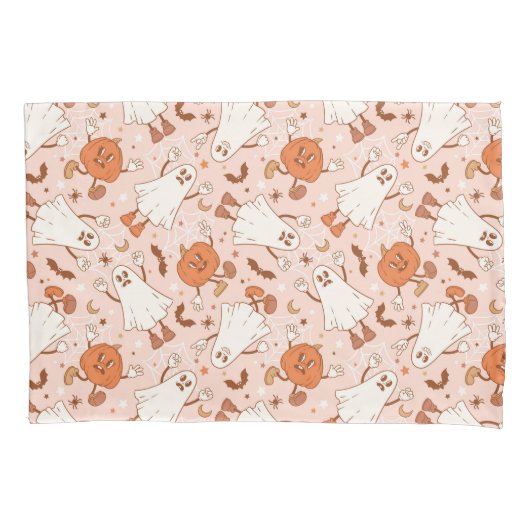 Leuke Retro Ghost & Jack-O-Lantern Patroon Kussensloop (Voorkant)