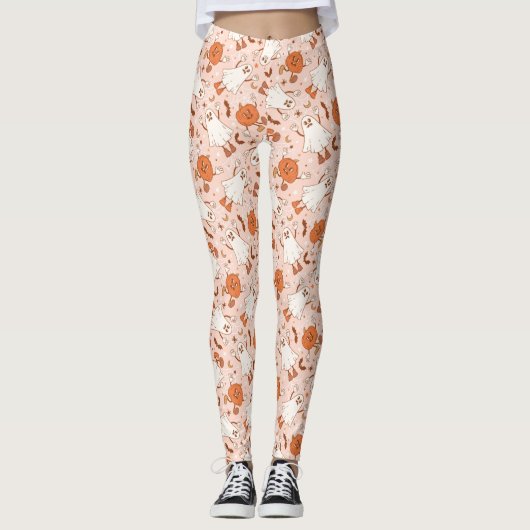 Leuke Retro Ghost & Jack-O-Lantern Patroon Leggings (Voorkant)